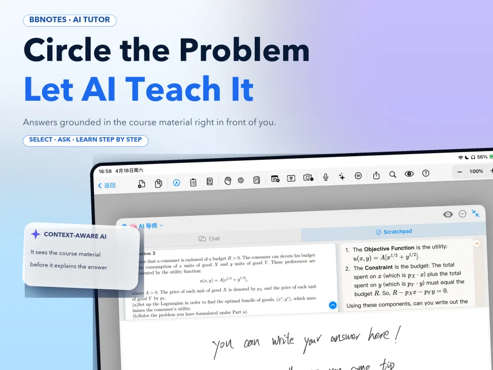 The BBNotes AI tutor explaining selected course material step by step