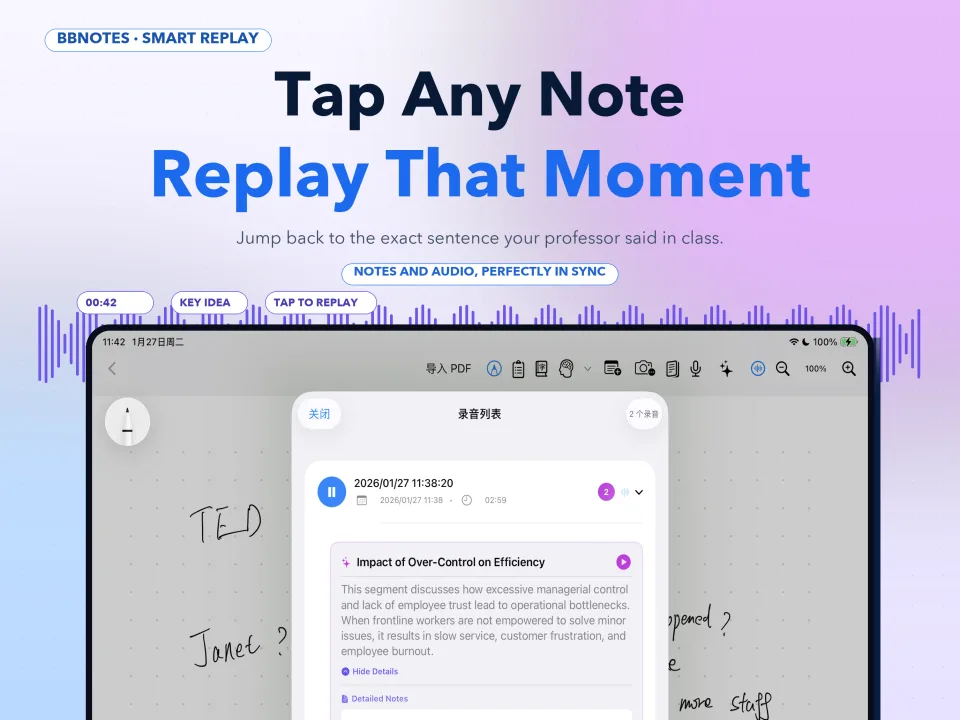 Returning from a timestamped note to the corresponding lecture audio